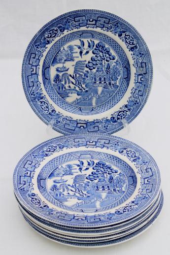 photo of antique English Staffordshire china, blue willow pattern dinner plates set of 8 #1