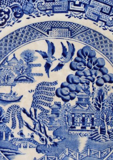 photo of antique English Staffordshire china, blue willow pattern dinner plates set of 8 #2