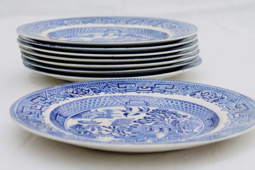 photo of antique English Staffordshire china, blue willow pattern dinner plates set of 8 #3