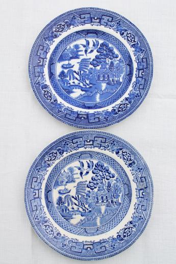 photo of antique English Staffordshire china, blue willow pattern dinner plates set of 8 #5