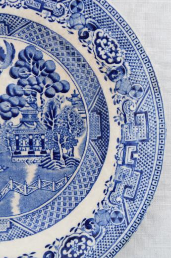 photo of antique English Staffordshire china, blue willow pattern dinner plates set of 8 #7