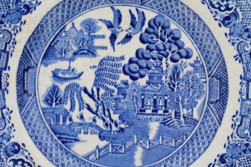 photo of antique English Staffordshire china, blue willow pattern dinner plates set of 8 #8