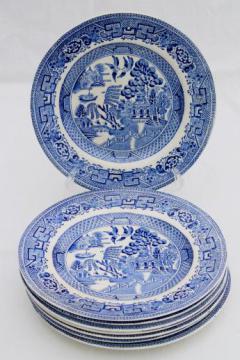 catalog photo of antique English Staffordshire china, blue willow pattern dinner plates set of 8