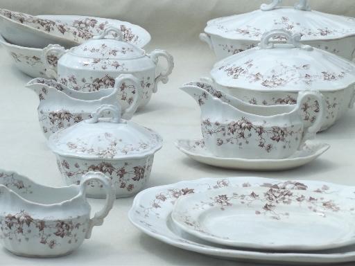 photo of antique English Staffordshire china, brown transferware serving pieces set #1