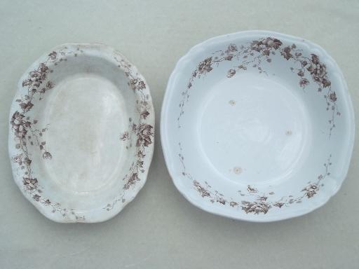 photo of antique English Staffordshire china, brown transferware serving pieces set #2