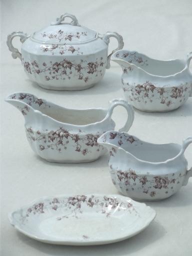 photo of antique English Staffordshire china, brown transferware serving pieces set #3