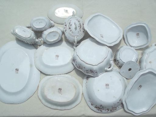 photo of antique English Staffordshire china, brown transferware serving pieces set #4