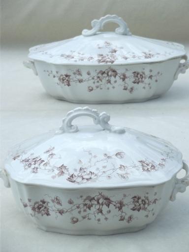 photo of antique English Staffordshire china, brown transferware serving pieces set #8