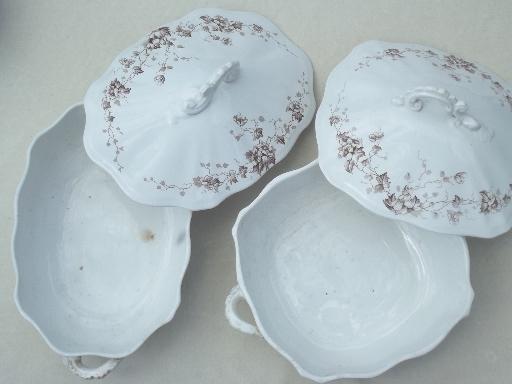 photo of antique English Staffordshire china, brown transferware serving pieces set #9