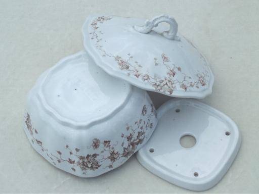 photo of antique English Staffordshire china, brown transferware serving pieces set #12