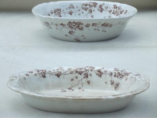 photo of antique English Staffordshire china, brown transferware serving pieces set #13