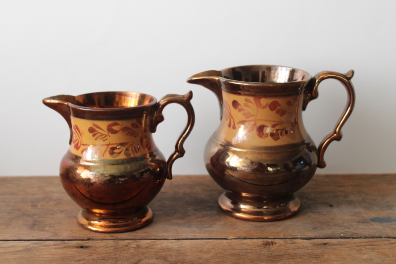 photo of antique English Staffordshire copper luster milk jug, hand painted lustreware pitcher  #1