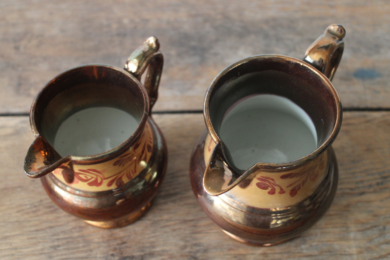 photo of antique English Staffordshire copper luster milk jug, hand painted lustreware pitcher  #2