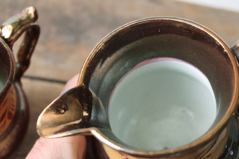 photo of antique English Staffordshire copper luster milk jug, hand painted lustreware pitcher  #3