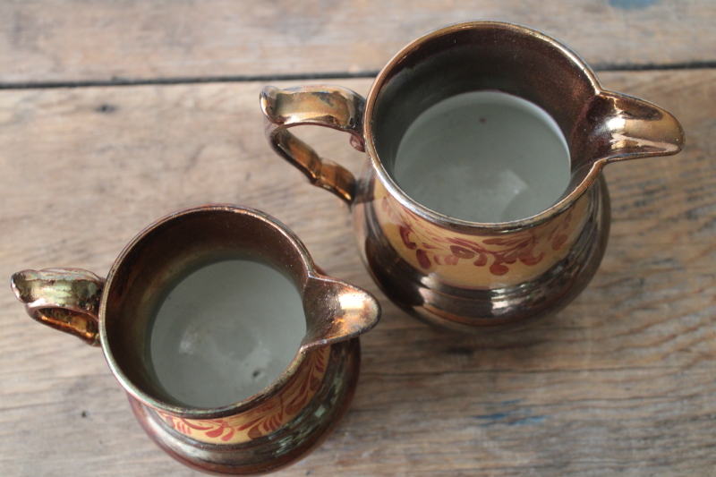 photo of antique English Staffordshire copper luster milk jug, hand painted lustreware pitcher  #6