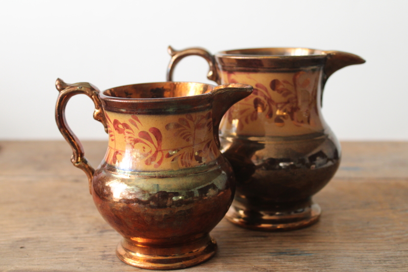 photo of antique English Staffordshire copper luster milk jug, hand painted lustreware pitcher  #7