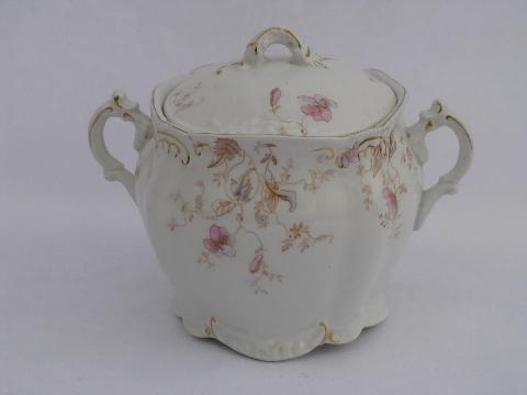 photo of antique English floral transferware biscuit jar or cube sugar dish w/ cover, Ridgways china #1