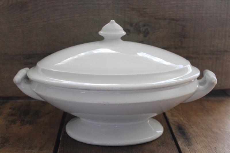 photo of antique English heavy white ironstone china oval covered bowl tureen or serving dish #1