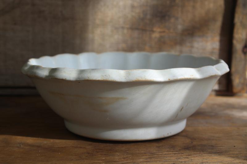 photo of antique English ironstone bowl, deep dish w/ pie crust edge - rustic vintage white china #7