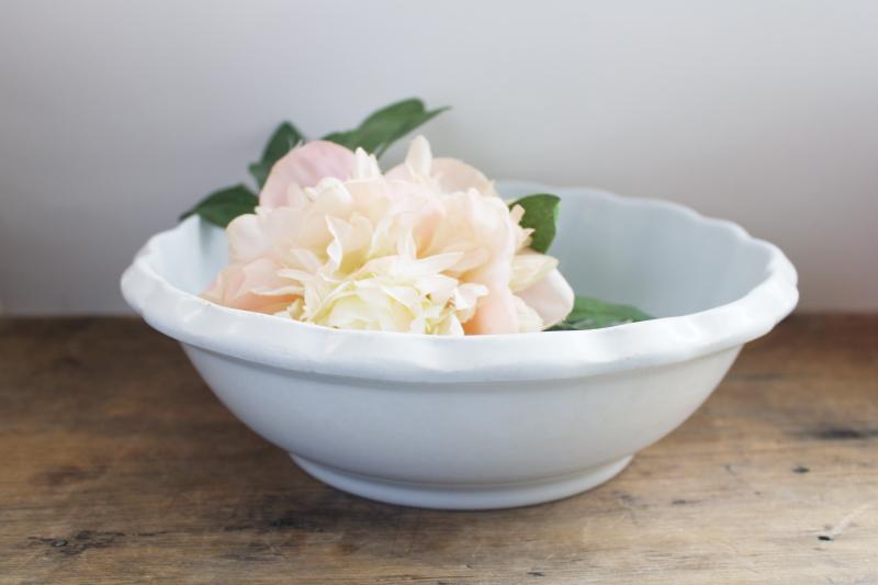 photo of antique English ironstone bowl, deep dish w/ pie crust edge, rustic vintage white china #1