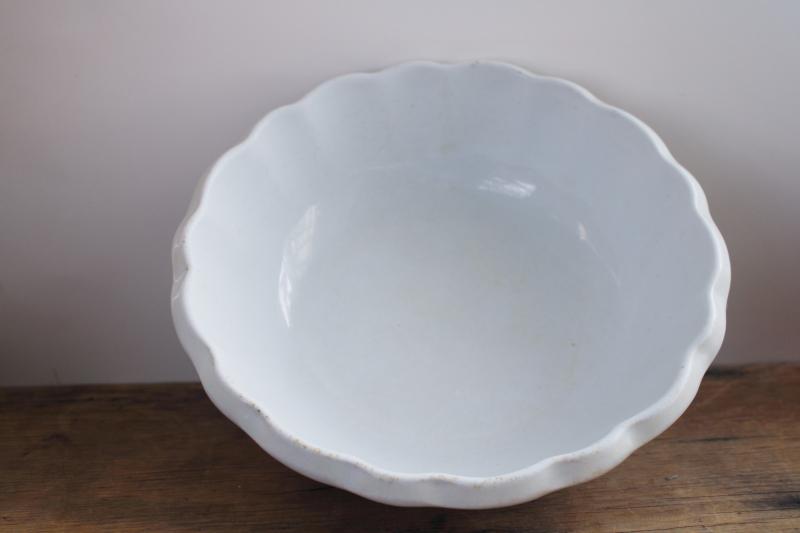 photo of antique English ironstone bowl, deep dish w/ pie crust edge, rustic vintage white china #2