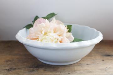 catalog photo of antique English ironstone bowl, deep dish w/ pie crust edge, rustic vintage white china