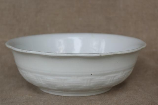 photo of antique English ironstone bowl w/ embossed basketweave pattern, heavy white ironstone china #2