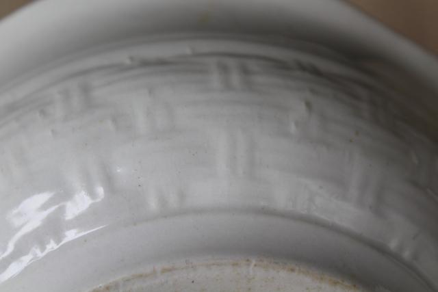 photo of antique English ironstone bowl w/ embossed basketweave pattern, heavy white ironstone china #5