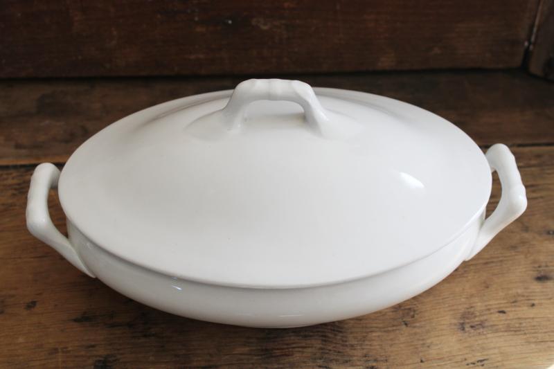 photo of antique English ironstone china, all white oval vegetable dish, covered bowl or tureen #2