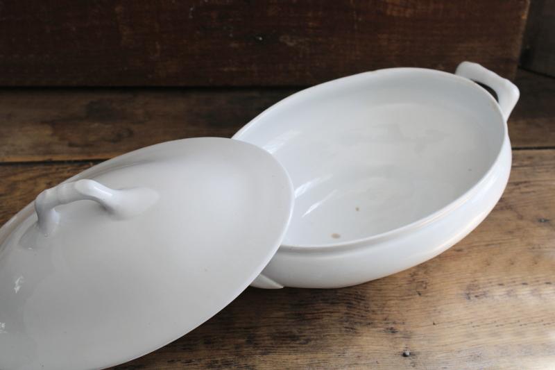 photo of antique English ironstone china, all white oval vegetable dish, covered bowl or tureen #4