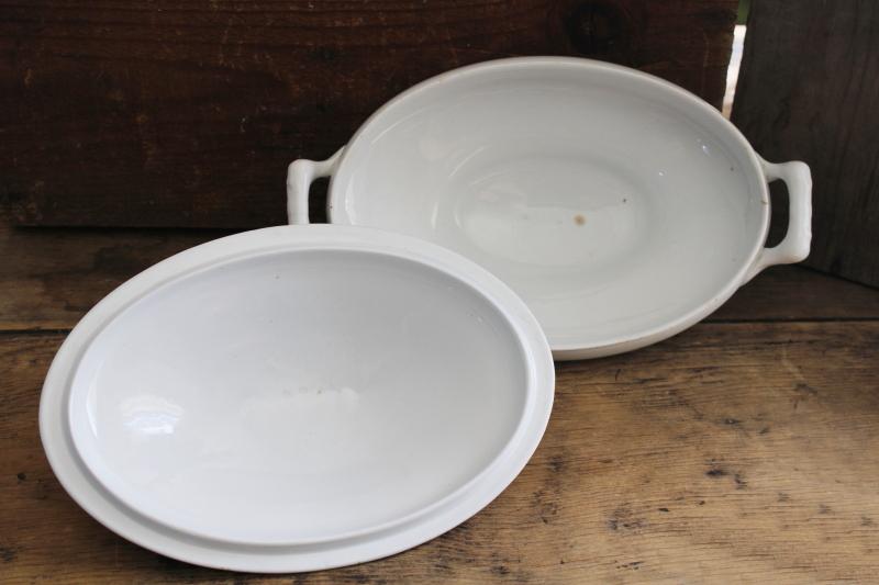 photo of antique English ironstone china, all white oval vegetable dish, covered bowl or tureen #9