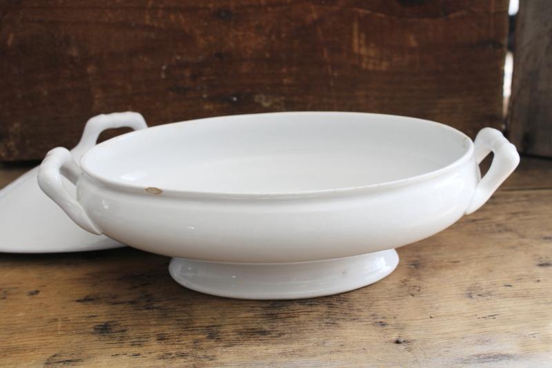photo of antique English ironstone china, all white oval vegetable dish, covered bowl or tureen #10