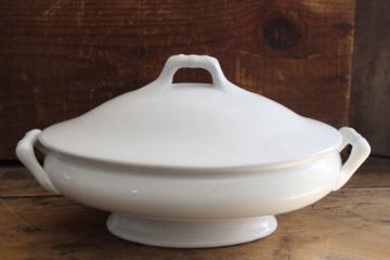 catalog photo of antique English ironstone china, all white oval vegetable dish, covered bowl or tureen