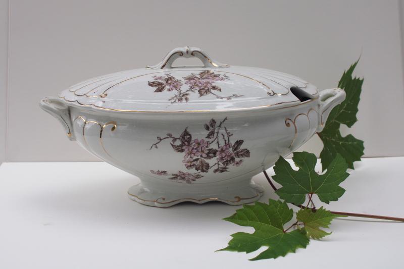 photo of antique English ironstone china soup tureen, pink & brown transferware floral #1