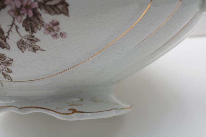 photo of antique English ironstone china soup tureen, pink & brown transferware floral #4