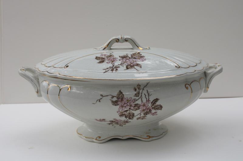 photo of antique English ironstone china soup tureen, pink & brown transferware floral #5