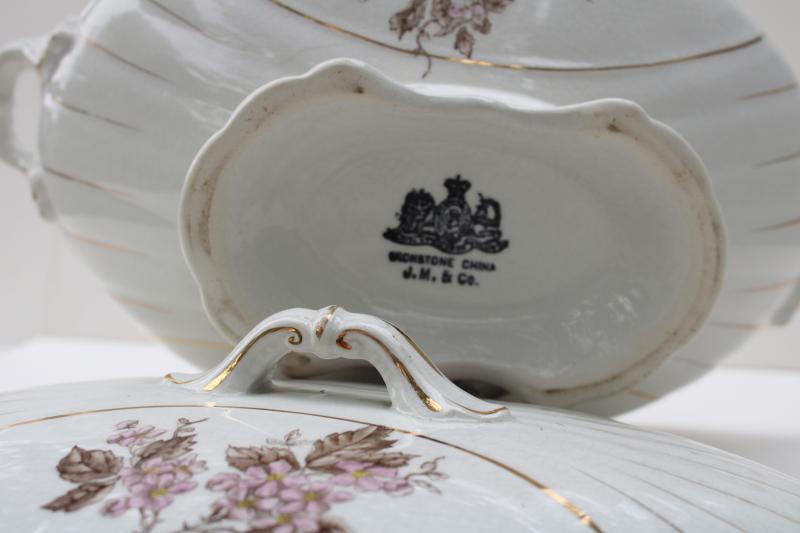 photo of antique English ironstone china soup tureen, pink & brown transferware floral #11