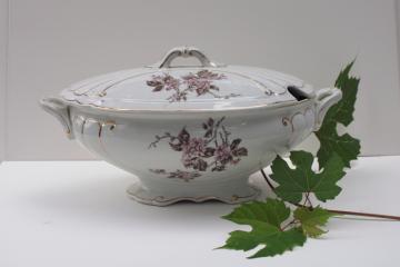 catalog photo of antique English ironstone china soup tureen, pink & brown transferware floral