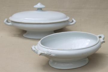 catalog photo of antique English ironstone, pure white china tureens oval bowl serving dishes