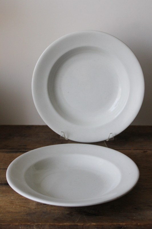 photo of antique English ironstone soup plates, wide shallow bowls plain heavy white Stone China vintage farmhouse style  #1