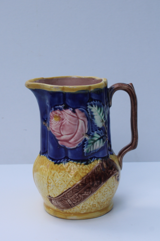 photo of antique English majolica pottery pitcher w/ old registry mark, cabbage rose pattern  #1