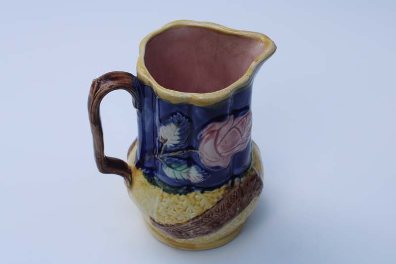 photo of antique English majolica pottery pitcher w/ old registry mark, cabbage rose pattern  #3