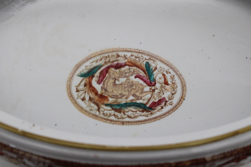 photo of antique English pottery covered bowl stag & boar pattern 1870s Brownfield & Sons #12