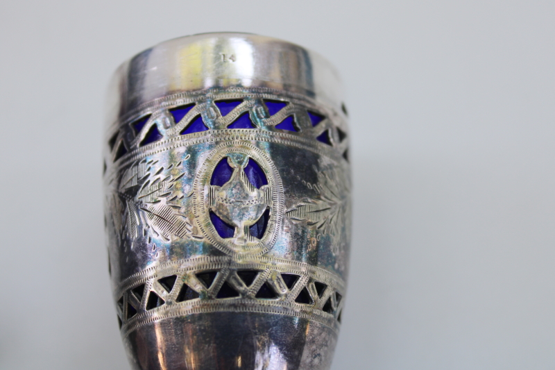 photo of antique English silver plate sugar shaker w/ cobalt blue glass liner, Edwardian vintage Barker Bros #6