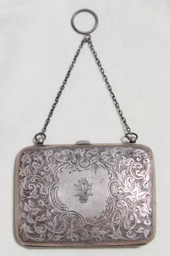 photo of antique English sterling calling card case / ladies purse, evening bag w/ celluloid aide memoire #1