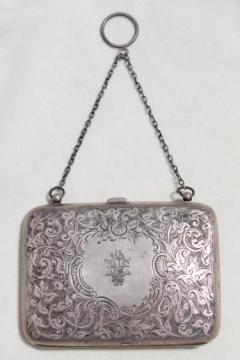 catalog photo of antique English sterling calling card case / ladies purse, evening bag w/ celluloid aide memoire