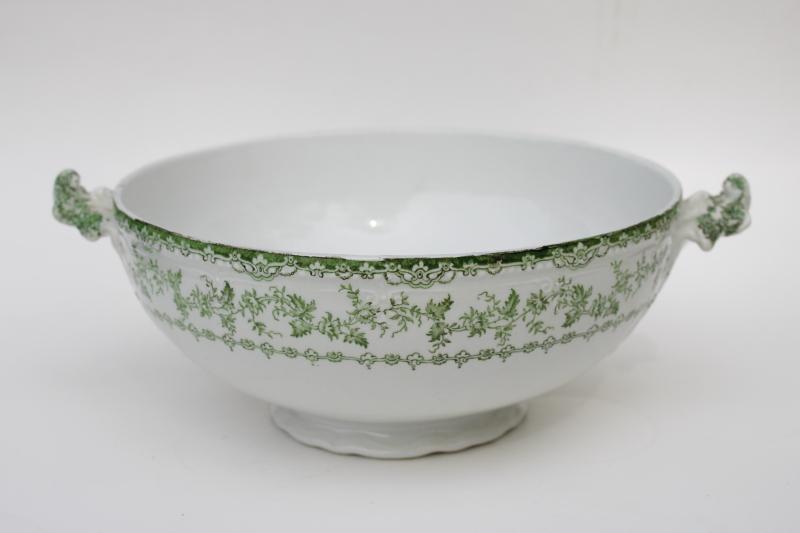 photo of antique English transferware china, footed bowl w/ handles, semi-porcelain ironstone  #1