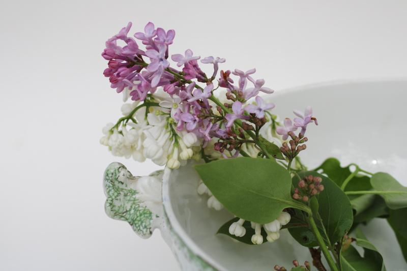 photo of antique English transferware china, footed bowl w/ handles, semi-porcelain ironstone  #2