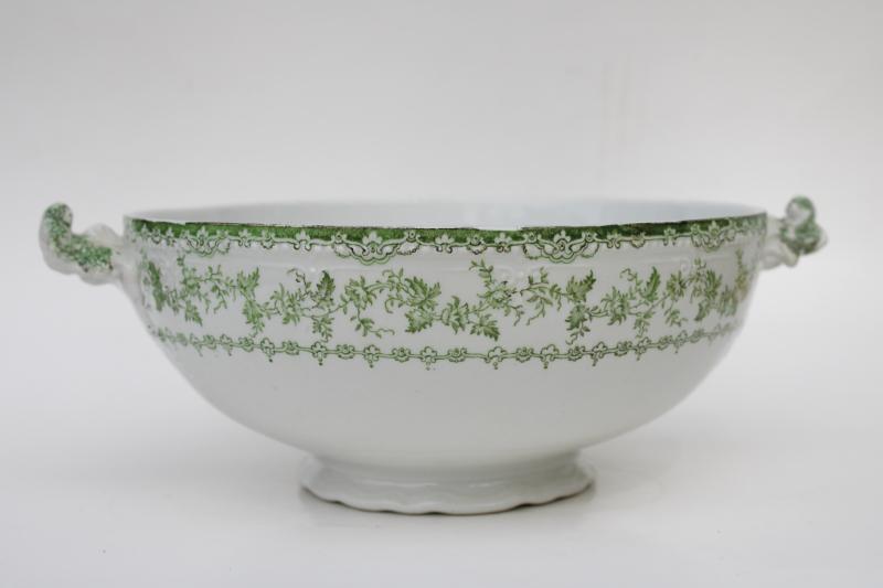 photo of antique English transferware china, footed bowl w/ handles, semi-porcelain ironstone  #9