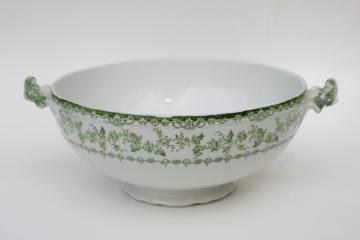 catalog photo of antique English transferware china, footed bowl w/ handles, semi-porcelain ironstone 